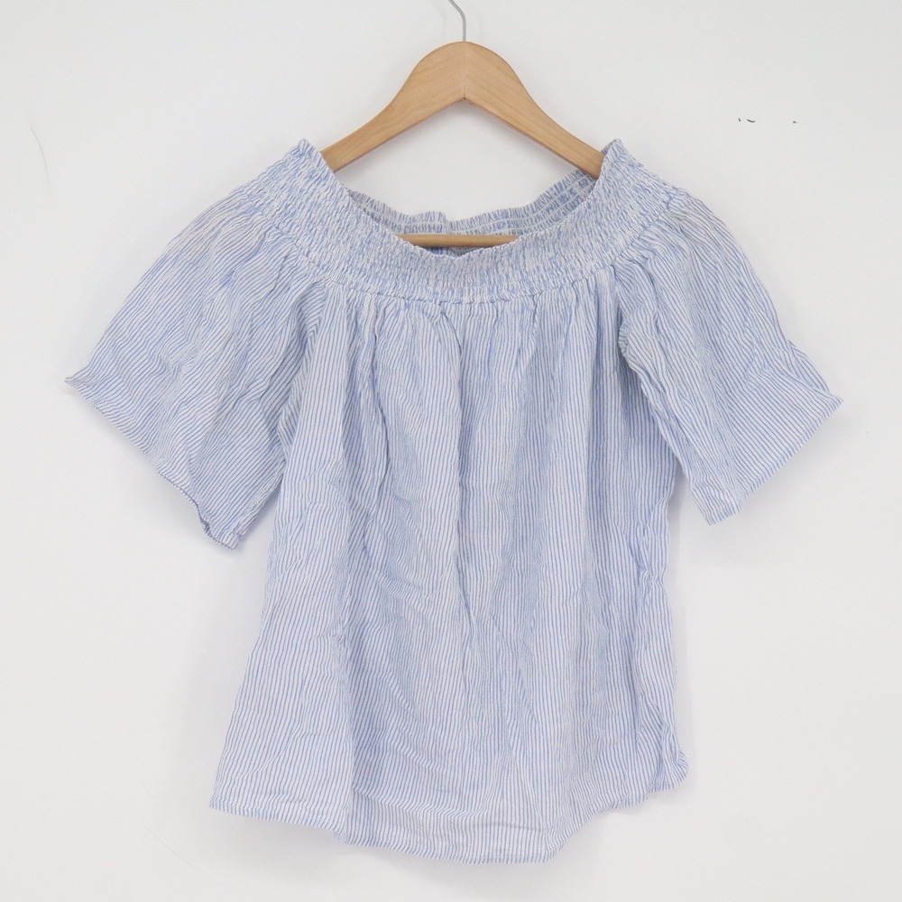 Cavalini Top Womens L Blue Pinstripe Off Shoulder Smocked Excellent